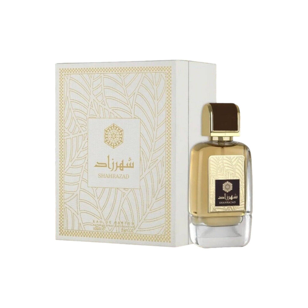 Luxurious Shahrazad perfume bottle by Ard Al Zaafaran, capturing the essence of Arabian Nights, set against a backdrop that evokes the mystique and charm of the East.