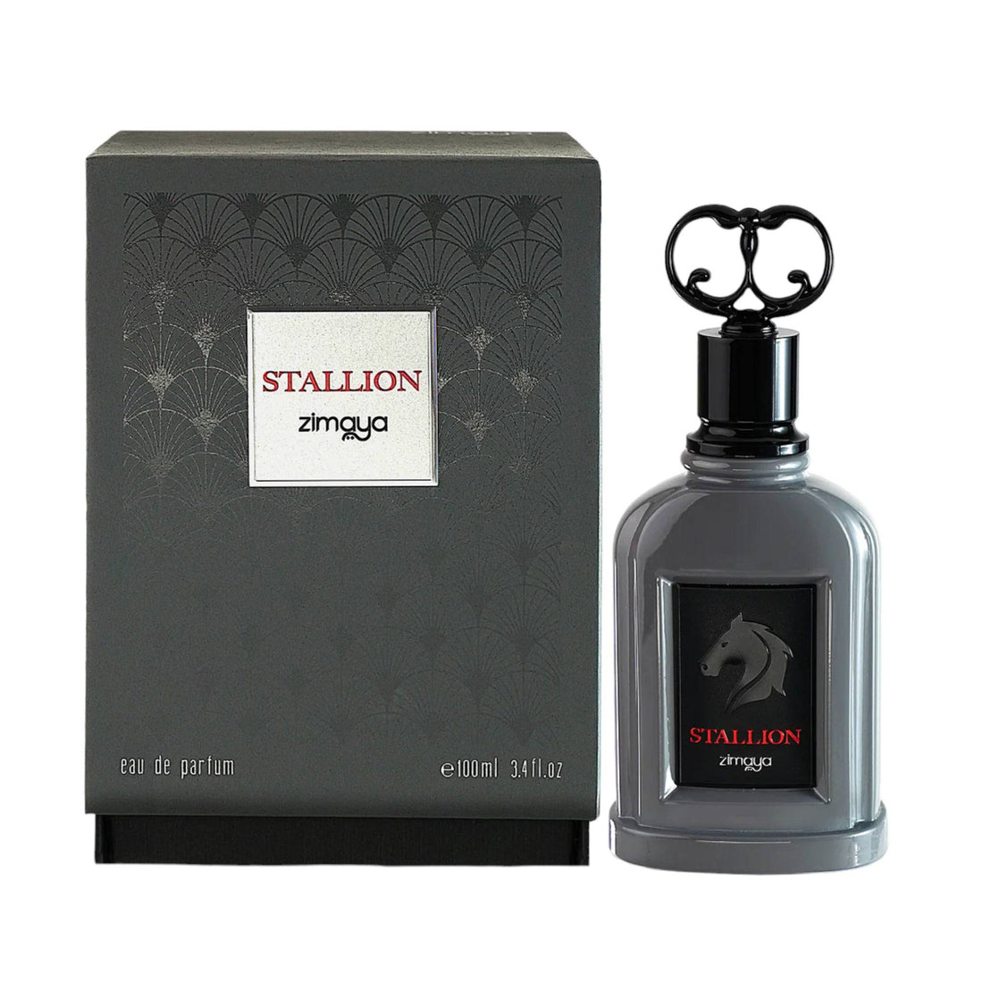Sleek 100ml bottle of Zimaya Stallion Eau De Parfum, capturing the fragrance's bold and masculine character.