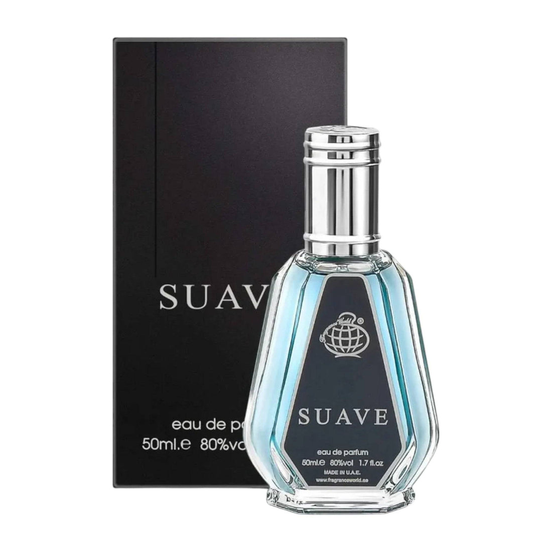 Elegant bottle of Suave Eau De Parfum by Fragrance World, showcasing its sleek design and the vibrant notes of pepper, bergamot, and a rich woody base.