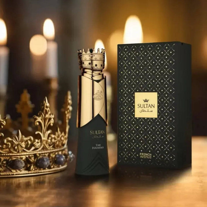 Sultan The Founder Perfume 80ml bottle, displaying its luxurious design and hinting at its rich blend of oud, amber, and patchouli notes.