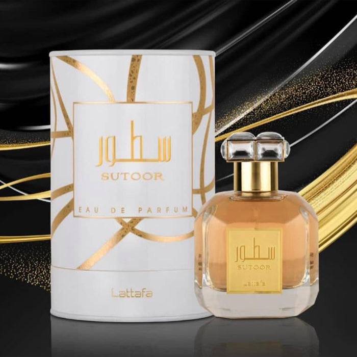 Artistic representation of Sutoor Perfume's key notes including peach, jasmine, and vanilla, complemented by a patchouli finish.