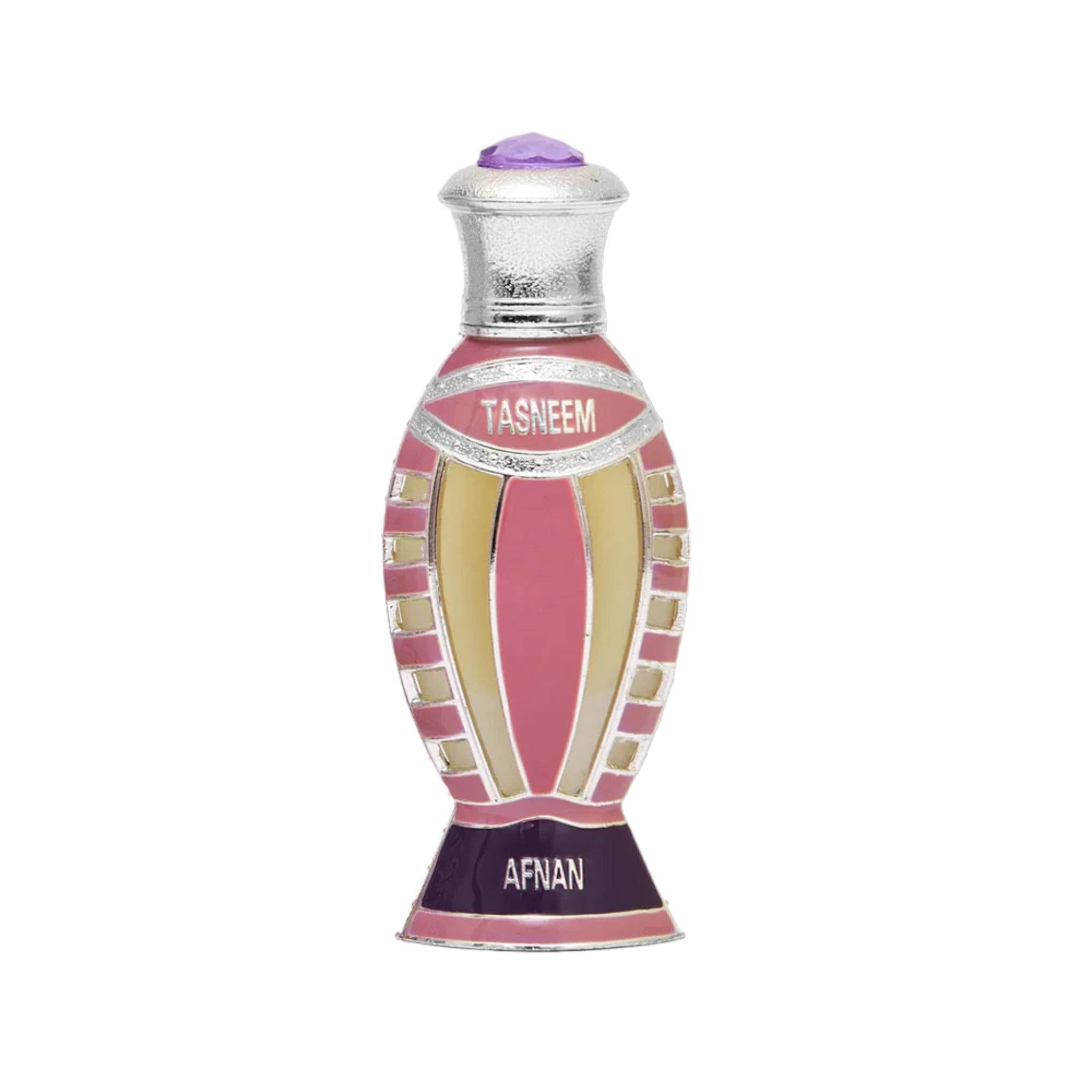 Floral-infused Afnan Tasneem perfume oil with intricate layers of rose, jasmine, and lily hints highlighted by musk and rare woods, encapsulated in a 20ml bottle.