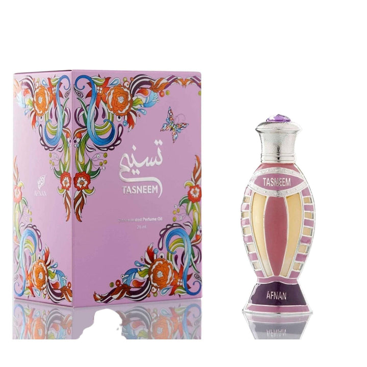 Floral-infused Afnan Tasneem perfume oil with intricate layers of rose, jasmine, and lily hints highlighted by musk and rare woods, encapsulated in a 20ml bottle.