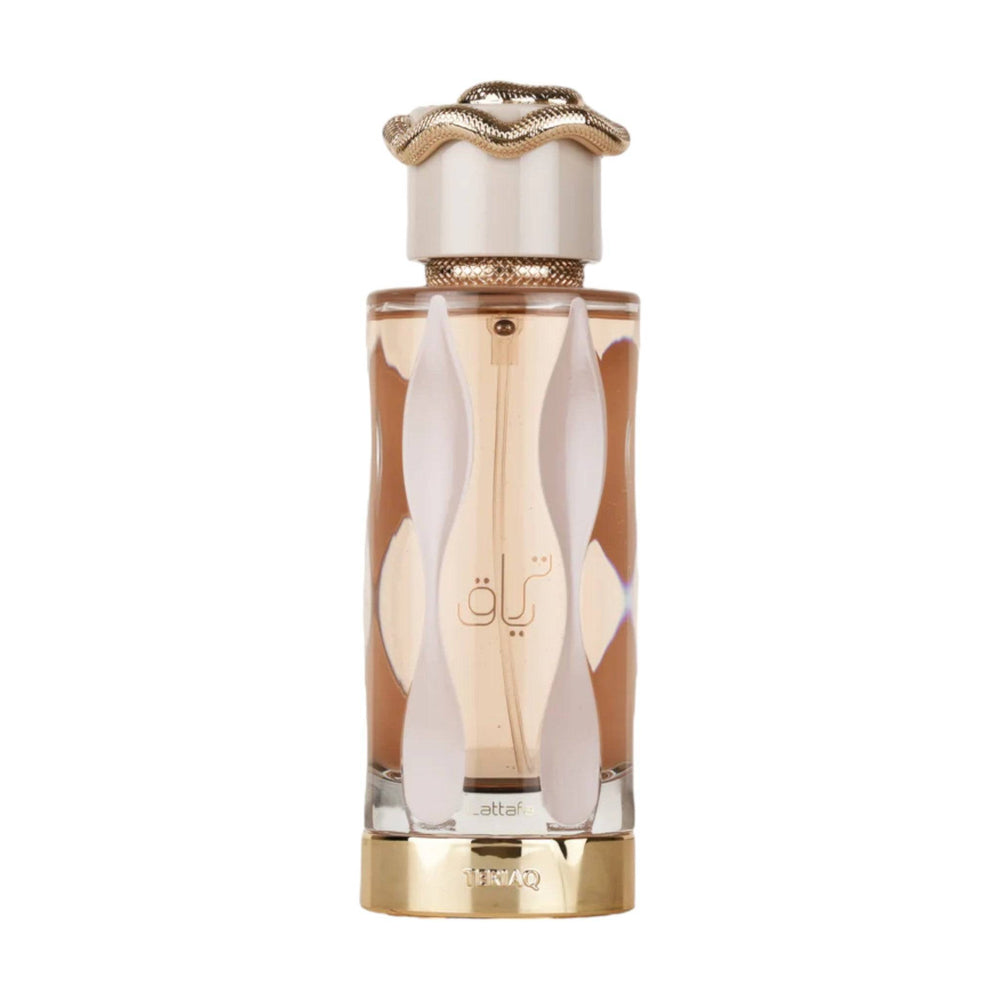 Dynamic splash of Teriaq's top notes - caramel, apricot, and pink pepper, symbolizing the fragrance's enticing start.