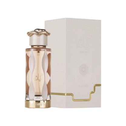 Elegant bottle of Teriaq by Quentin Bisch for Lattafa, showcasing the luxurious blend of gourmand and floral notes.