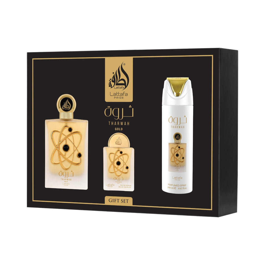 Tharwah Gold 3pc Gift Set by Lattafa – EDP, Body Spray & Mini