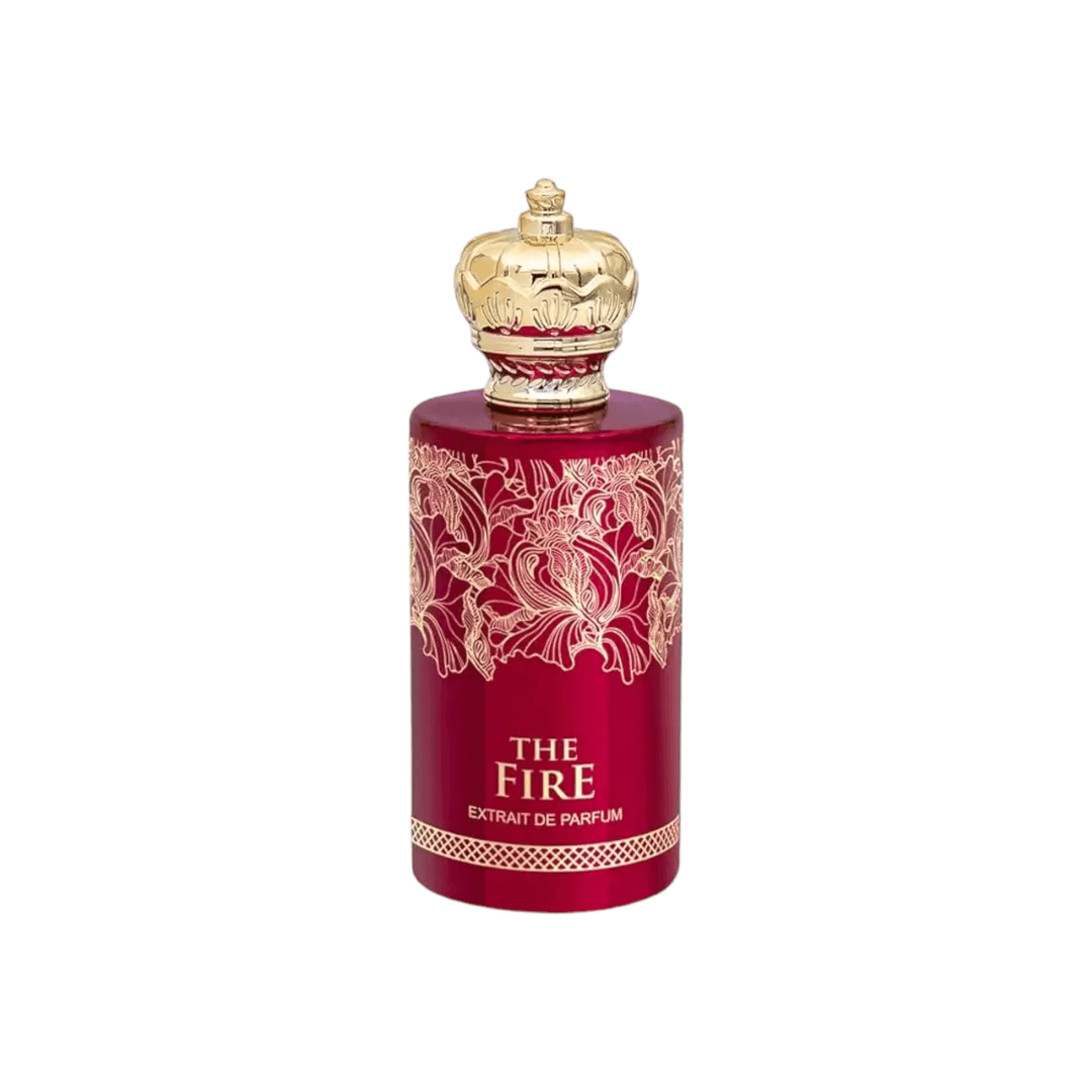 Close-up of The Fire perfume bottle, highlighting its luxurious design and the rich blend of leather and spicy scents.