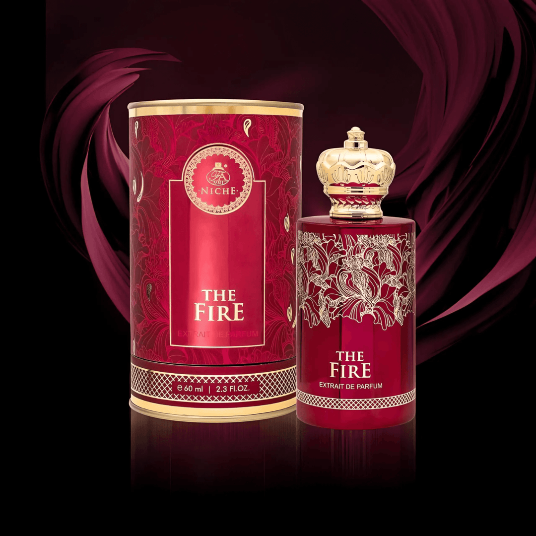 Image showcasing The Fire's fragrance notes, emphasizing the combination of smoky, balsamic, and animalic accords for a passionate aroma.