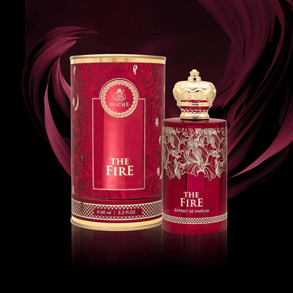 Image showcasing The Fire's fragrance notes, emphasizing the combination of smoky, balsamic, and animalic accords for a passionate aroma.