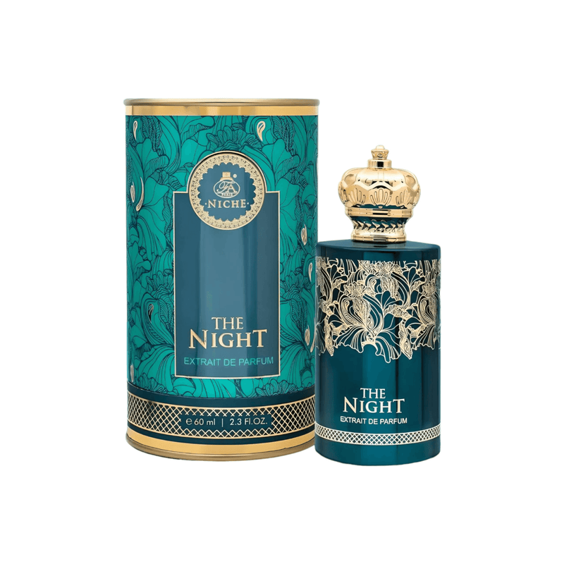 Bottle of The Night Extrait De Parfum by FA Paris Niche, embodying the mystery and allure of the night with oud and rose notes.