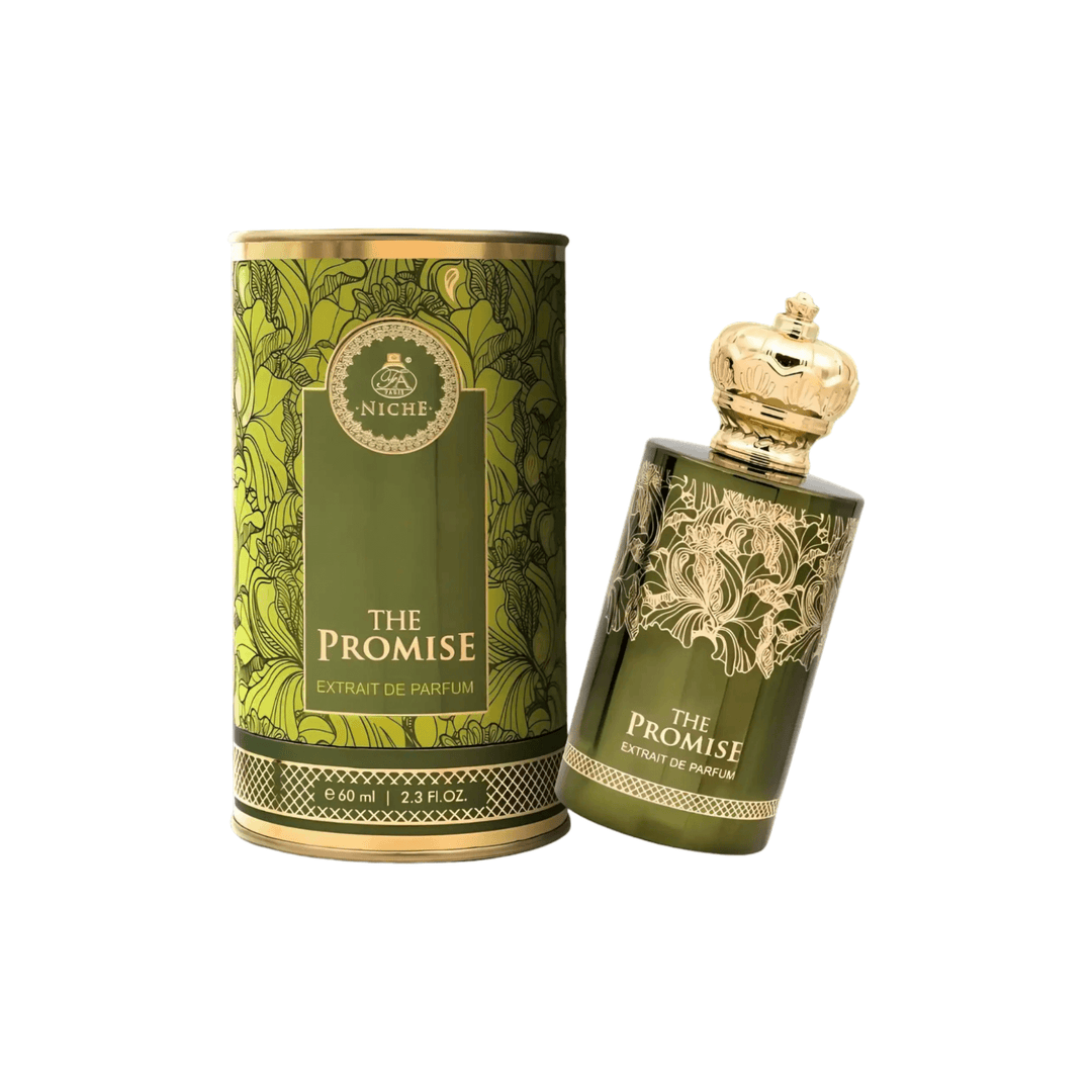 Visual representation of The Promise's fragrance notes, highlighting the harmonious blend of saffron, roses, white flowers, musk, amber, and Cambodian oud.