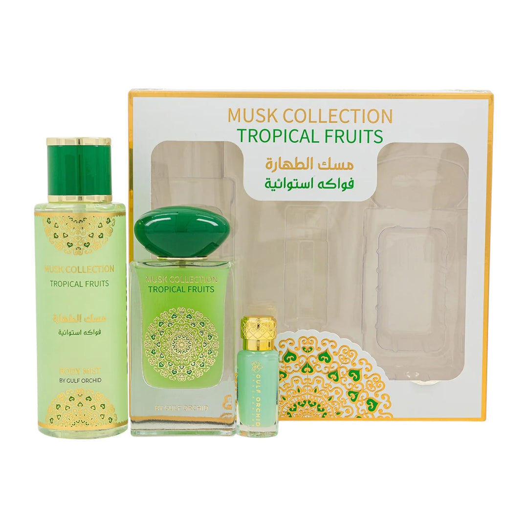 Musk Tahara Tropical Fruits Gift Set by Gulf Orchid – Luxurious Fragrance Trio in Elegant Packaging