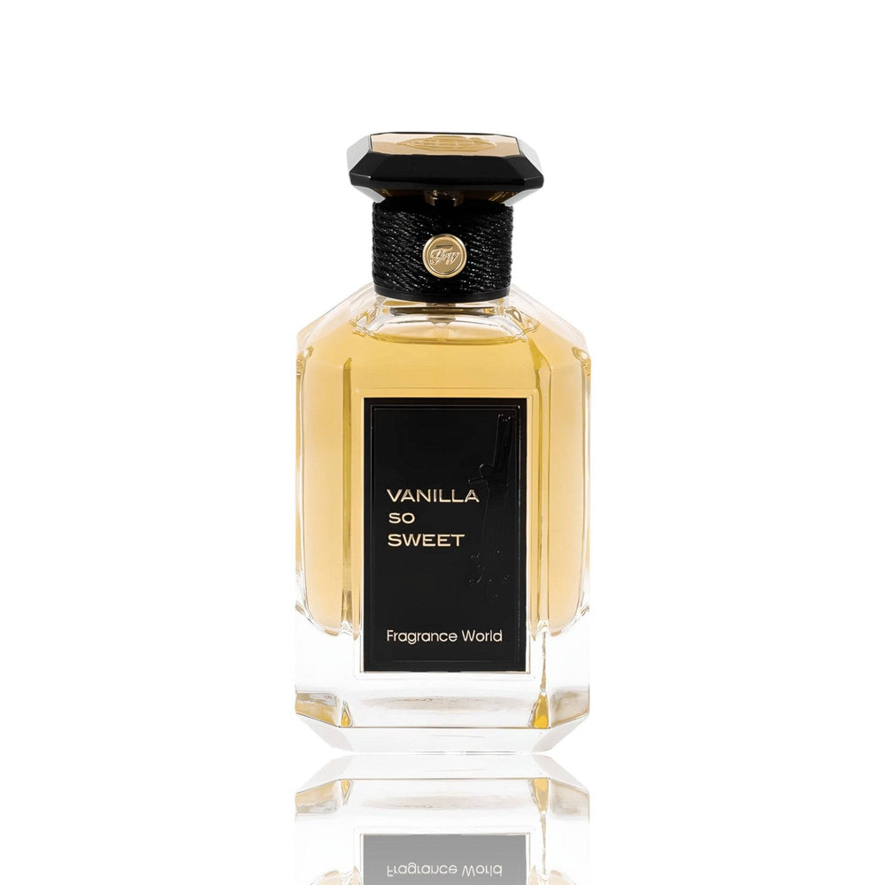 Detailed view of Vanilla So Sweet perfume's sophisticated design, emphasizing the rich golden liquid, symbolic of its luxurious vanilla essence.