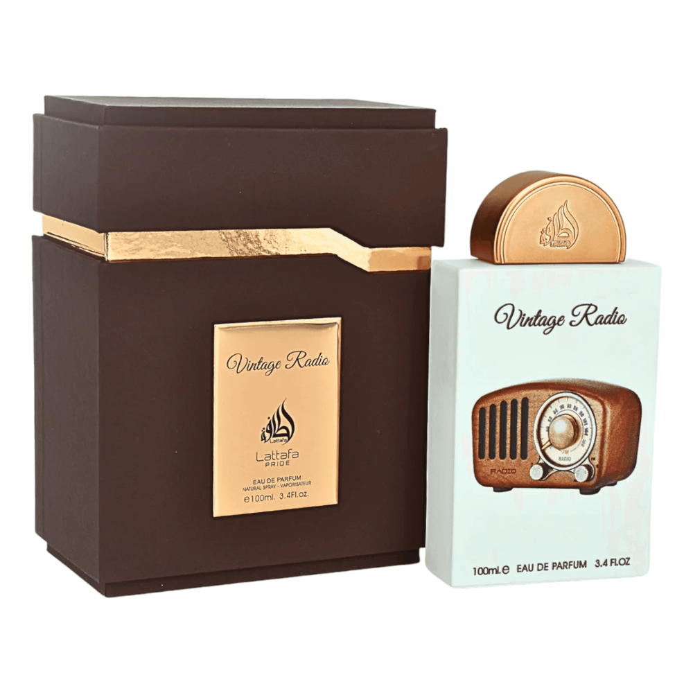 Classic 100ml bottle of Vintage Radio Perfume by Lattafa Pride, symbolizing its nostalgic and elegant fragrance.