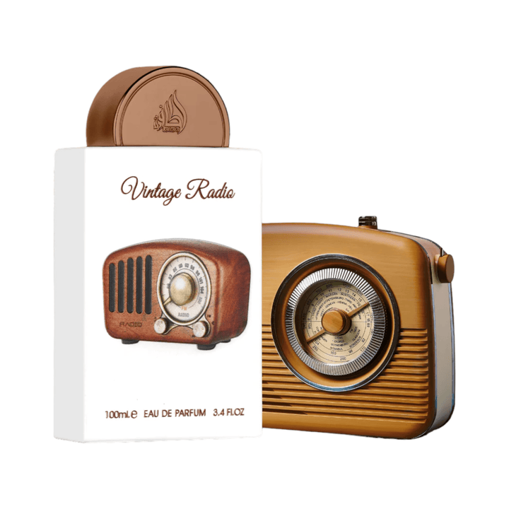 Classic 100ml bottle of Vintage Radio Perfume by Lattafa Pride, symbolizing its nostalgic and elegant fragrance.