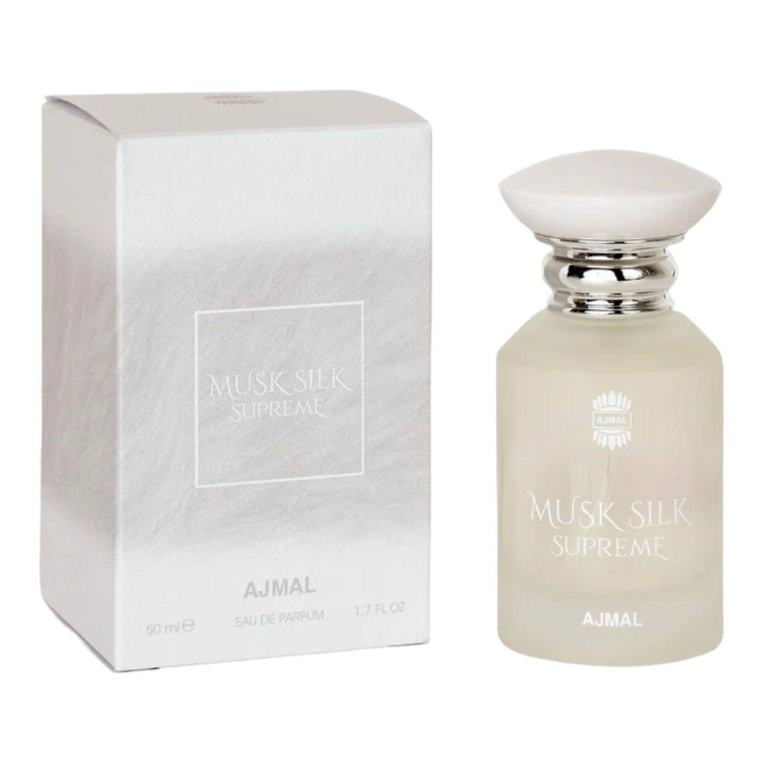 50ml bottle of Ajmal Musk Silk Supreme Eau de Parfum, boasting a unique combination of musky, silky, floral and amber notes.