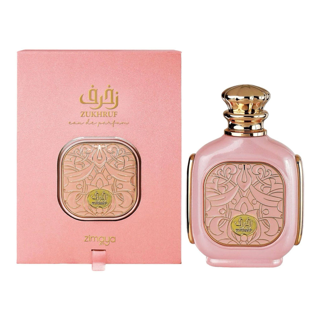 Image of the 100ml bottle of Zimaya Zukhruf Pink Eau De Parfum, an enchanting fragrance designed for strong, empowered women.