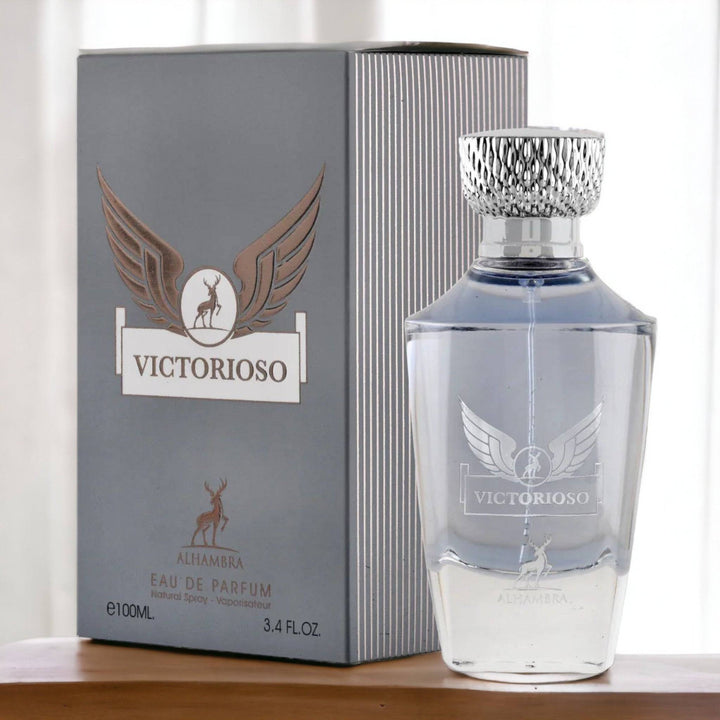 Elegant 100ml bottle of Victorioso Eau De Parfum by Maison Alhambra, showcasing its luxurious and bold character.