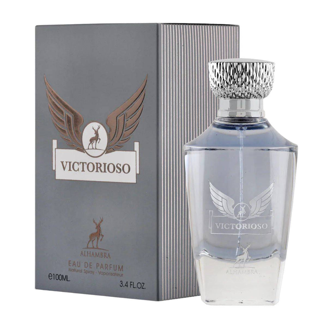 Elegant 100ml bottle of Victorioso Eau De Parfum by Maison Alhambra, showcasing its luxurious and bold character.