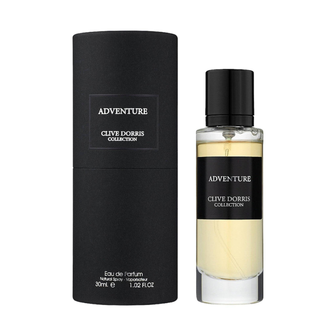 Sleek bottle of Adventure Perfume 30ml EDP by Clive Dorris, showcasing its clear glass and black label design.
