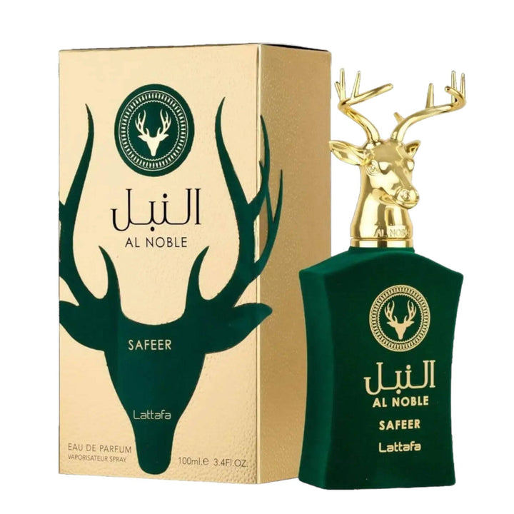 Elegant crystal top glass bottle of Al Noble Safeer Perfume by Lattafa, showcasing its luxurious and spicy-woody aroma.