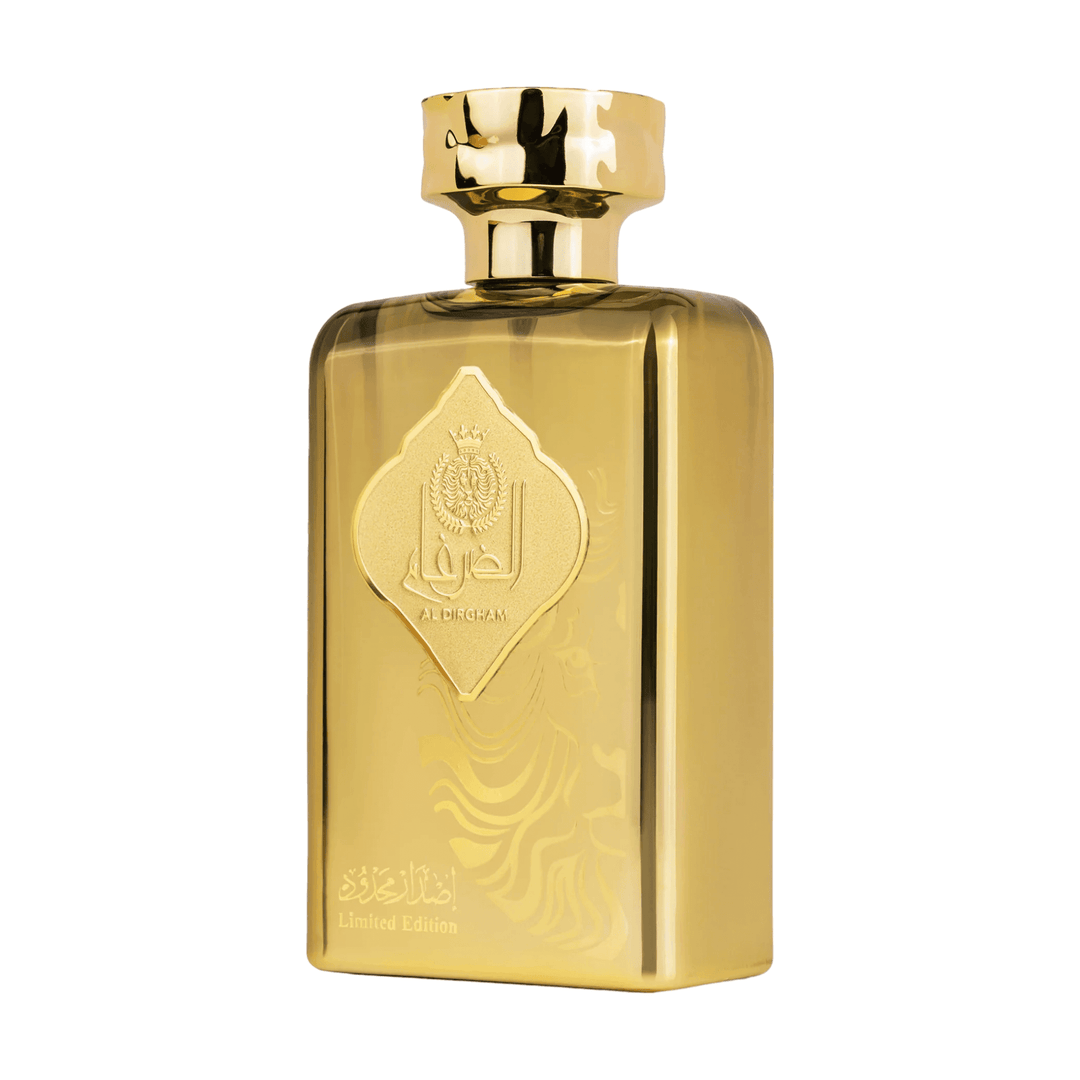 Close-up of Al Dirgham Limited Edition perfume bottle, highlighting its elegant design and the rich blend of tangerine, jasmine, and vanilla.