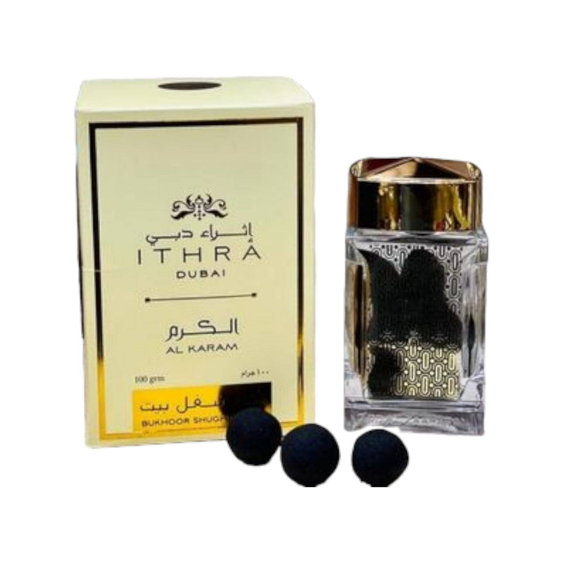 Al Karam Bakhoor 100g by Ithra Dubai displayed in elegant packaging, ideal for creating a peaceful home environment with scents of musk, vanilla, and sandalwood.