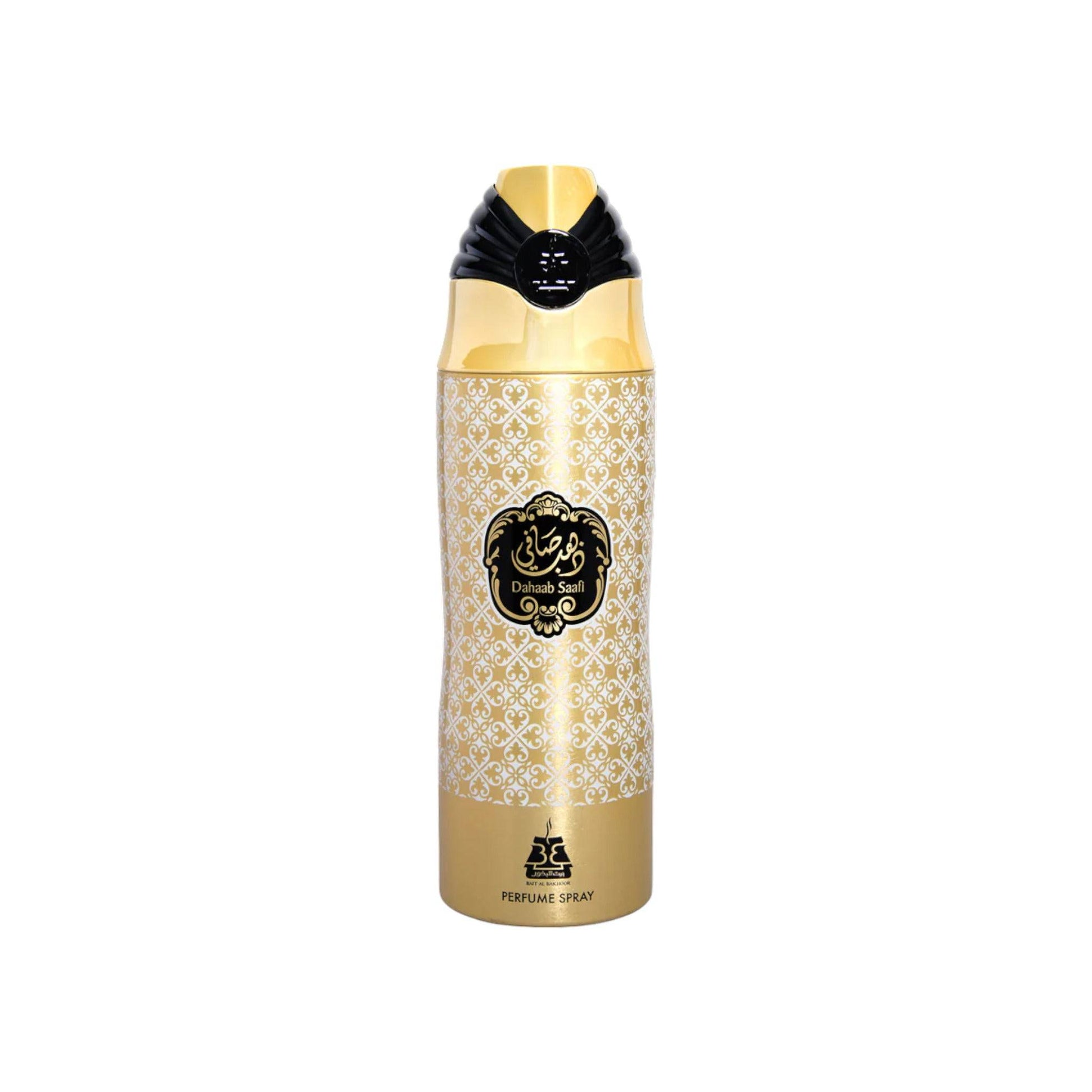 Luxurious 200ml bottle of Bait Al Bakhoor Dahaab Saafi Deodorant, emphasizing its opulent and exotic design.