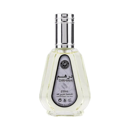 Dirham 50ml Eau de Parfum by Ard al Zaafaran in a sleek bottle, showcasing its bright citrus and floral notes against a woody base.