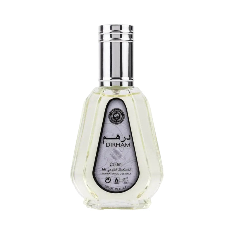 Dirham 50ml Eau de Parfum by Ard al Zaafaran in a sleek bottle, showcasing its bright citrus and floral notes against a woody base.
