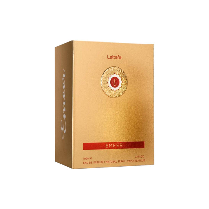 Luxury bottle of Emeer fragrance by Lattafa, with base notes of amber and cedar.