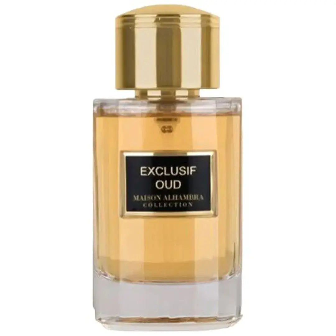 A luxurious bottle of the Exclusif Oud Collection perfume by Maison Alhambra