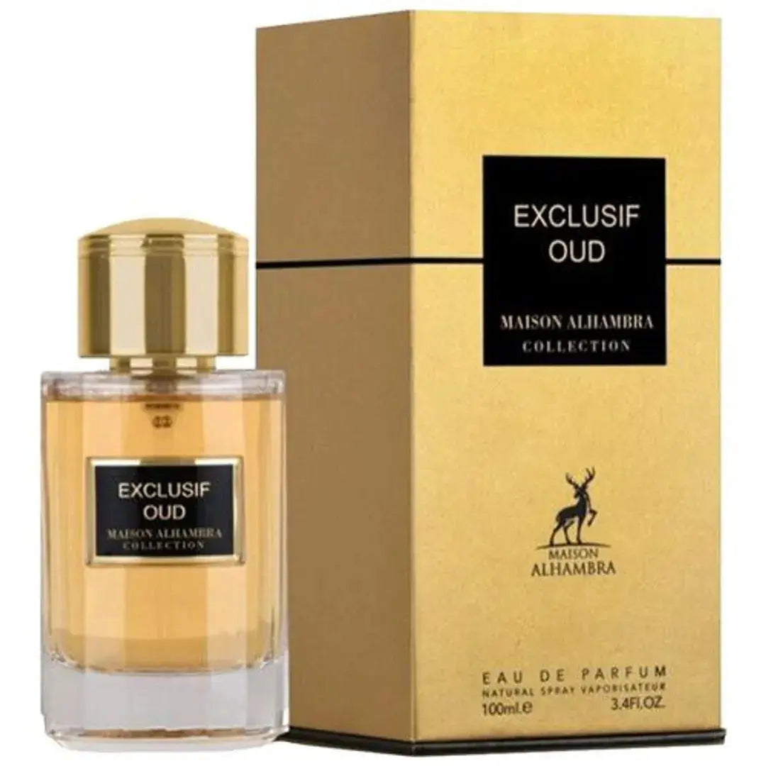 A luxurious bottle of the Exclusif Oud Collection perfume by Maison Alhambra