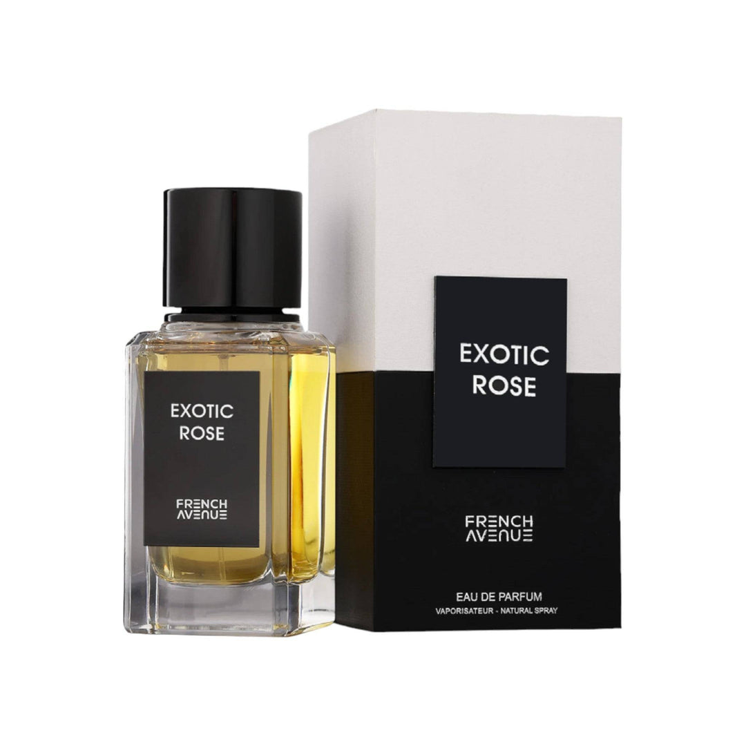 Elegant bottle of Exotic Rose EDP by FA Paris showcasing its clear and sophisticated design with hints of rose and saffron notes.