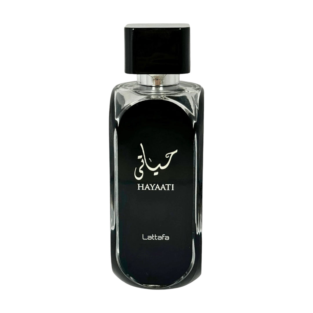 Hayaati perfume ingredients visual: Nutmeg, Pink Pepper, Amber, and more, representing a blend of elegance and energy.