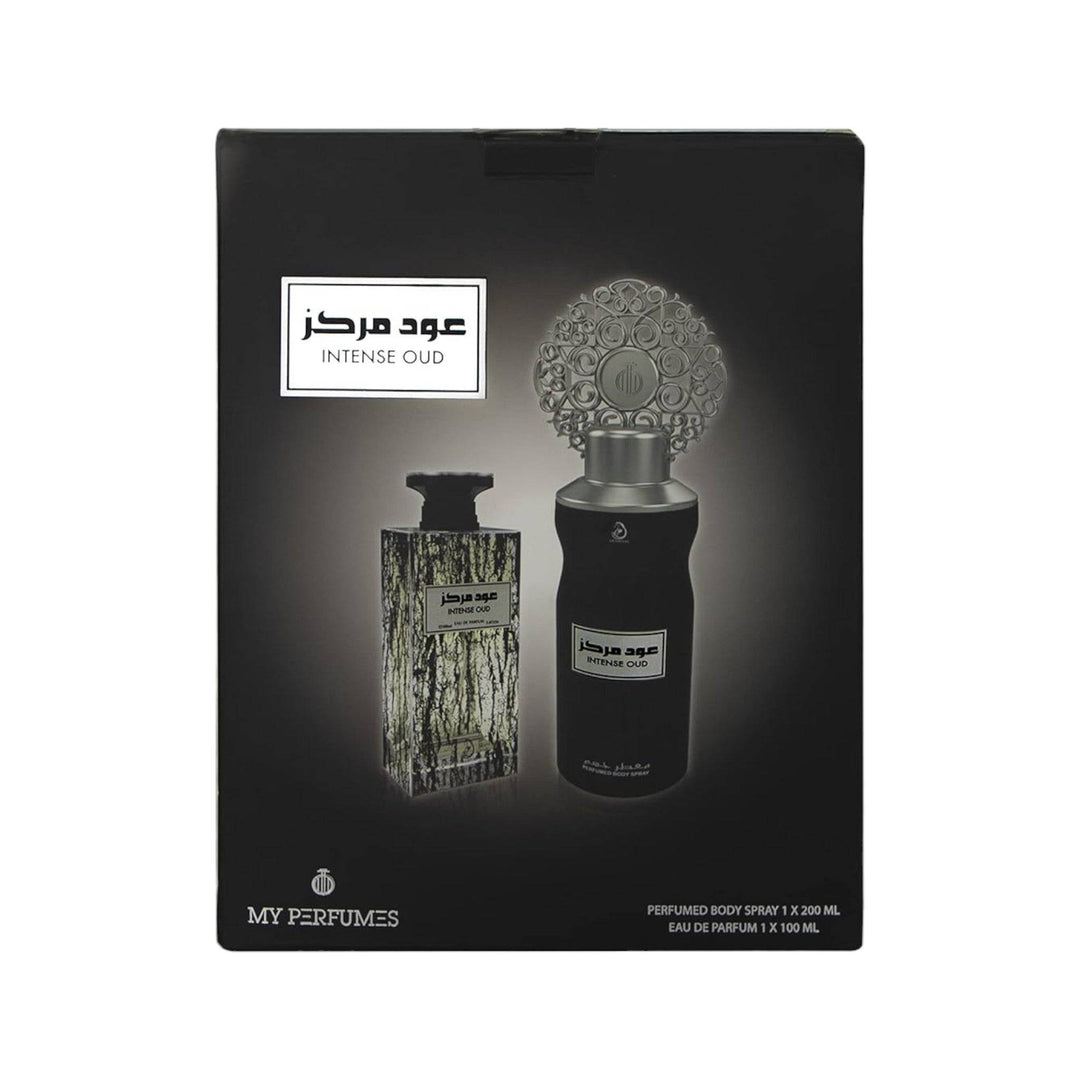 Arabiyat Intense Oud fragrance set, a blend of Bergamot, Sage Fresh Wood, and Caramel Musk, perfect for men and women.