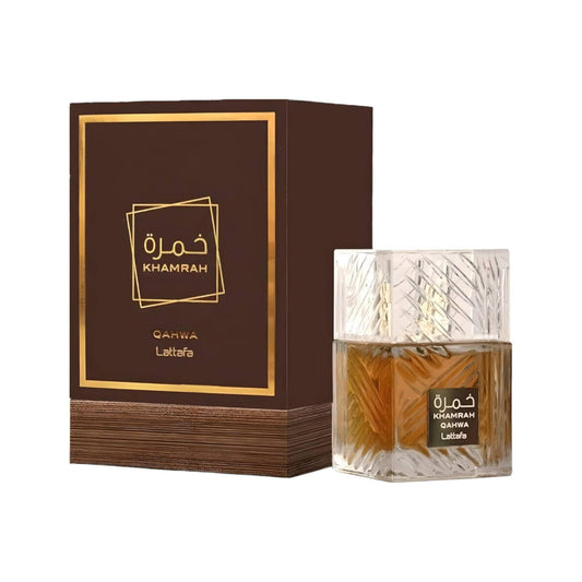 Elegant bottle of Khamrah Qahwa perfume, embodying the aroma of Arabic coffee.