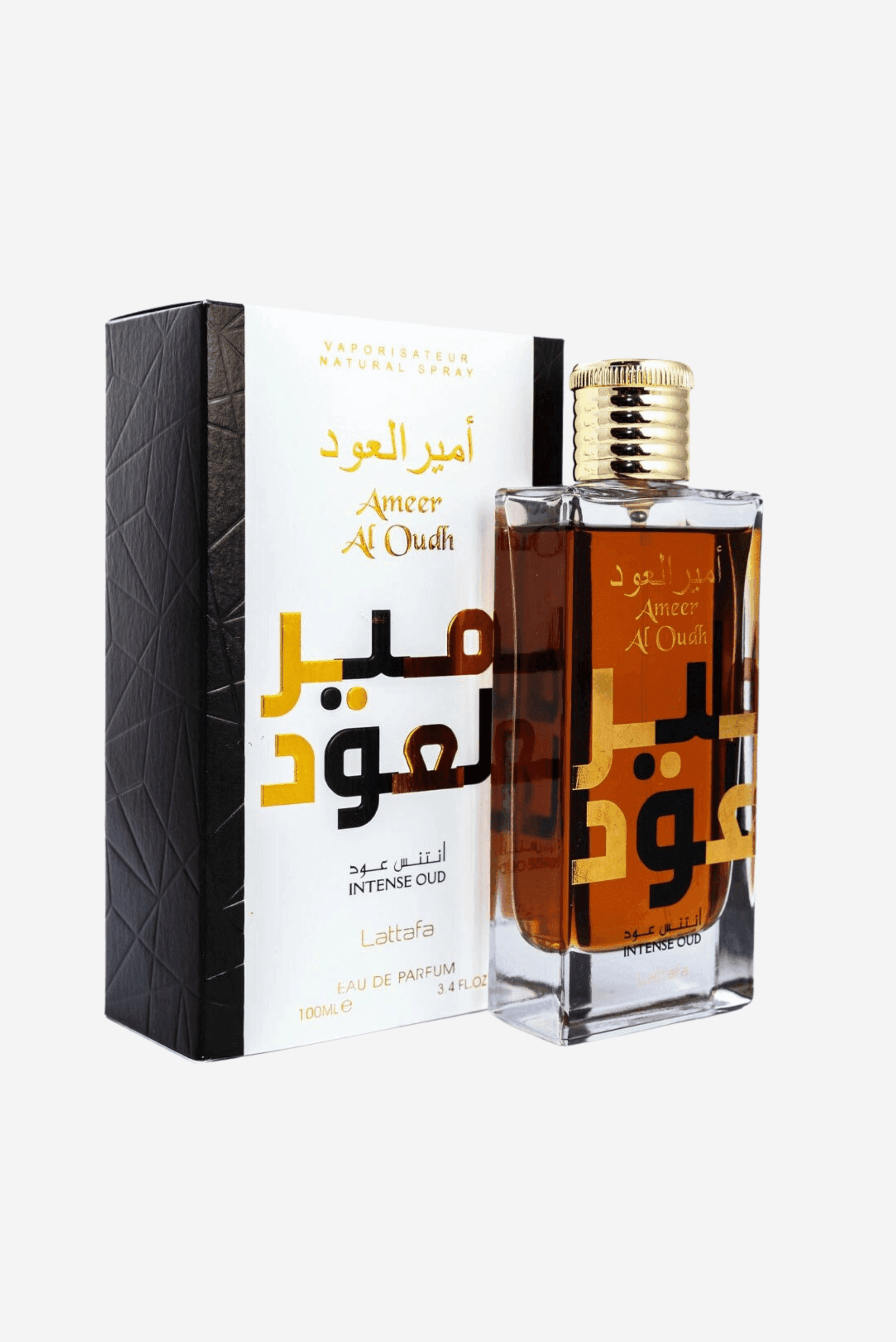 Elegantly designed bottle of the luxurious Ameer Al Oud Eau de Parfum by Lattafa, embodying an intense essence of pure oud oil.