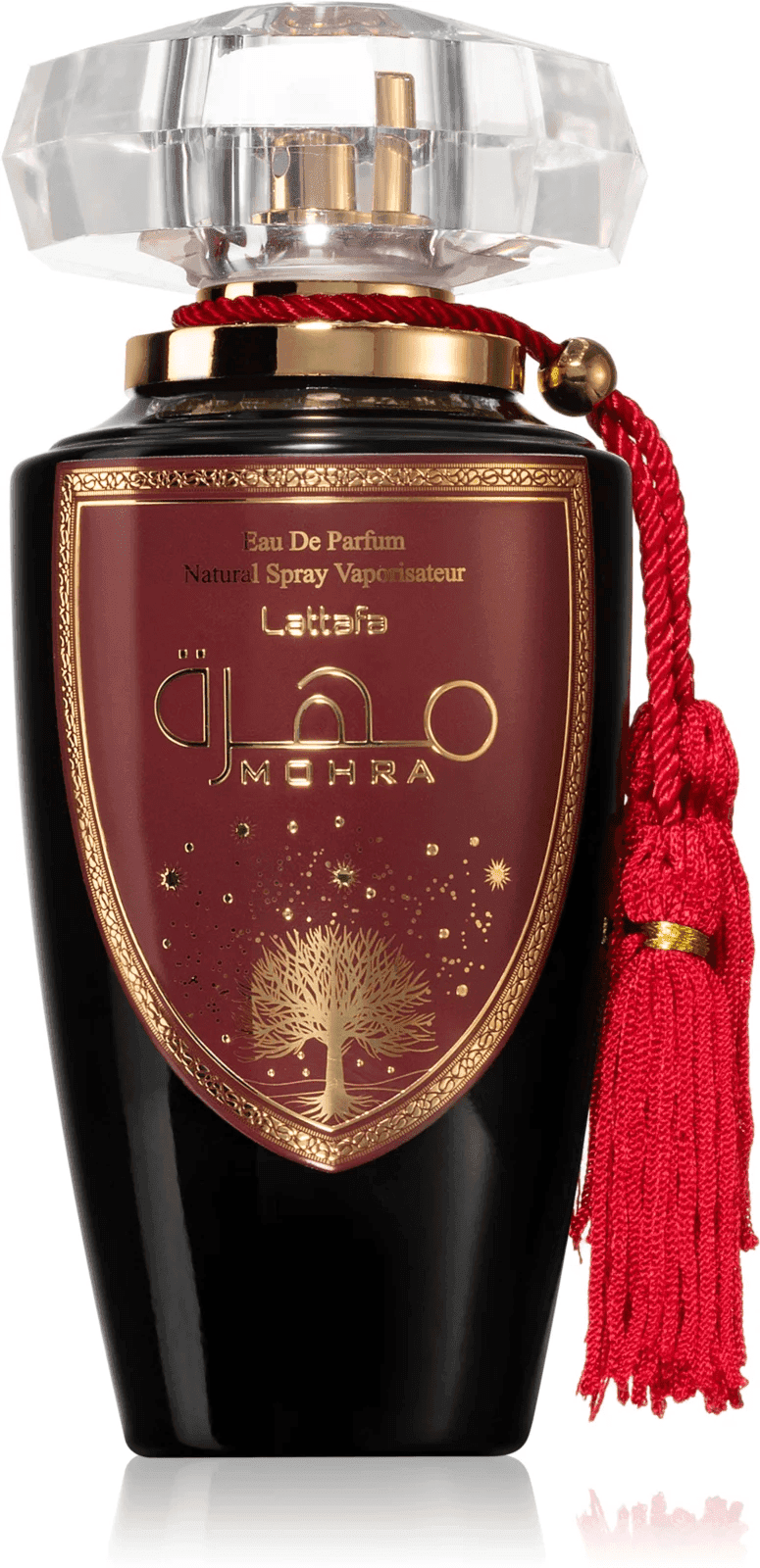Elegant bottle of Lattafa Mohra eau de parfum, a unisex fragrance for unique sensory experiences.