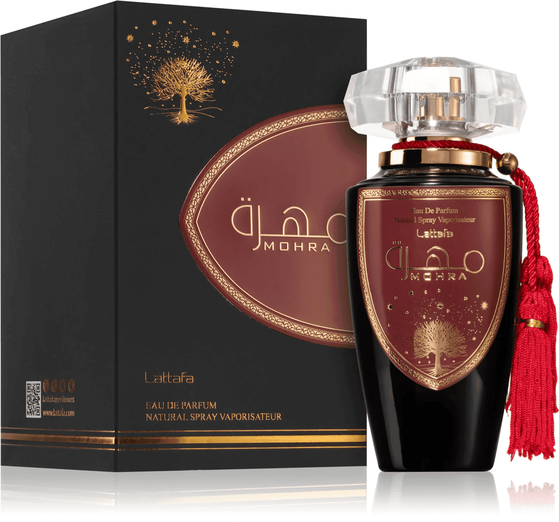 Elegant bottle of Lattafa Mohra eau de parfum, a unisex fragrance for unique sensory experiences.