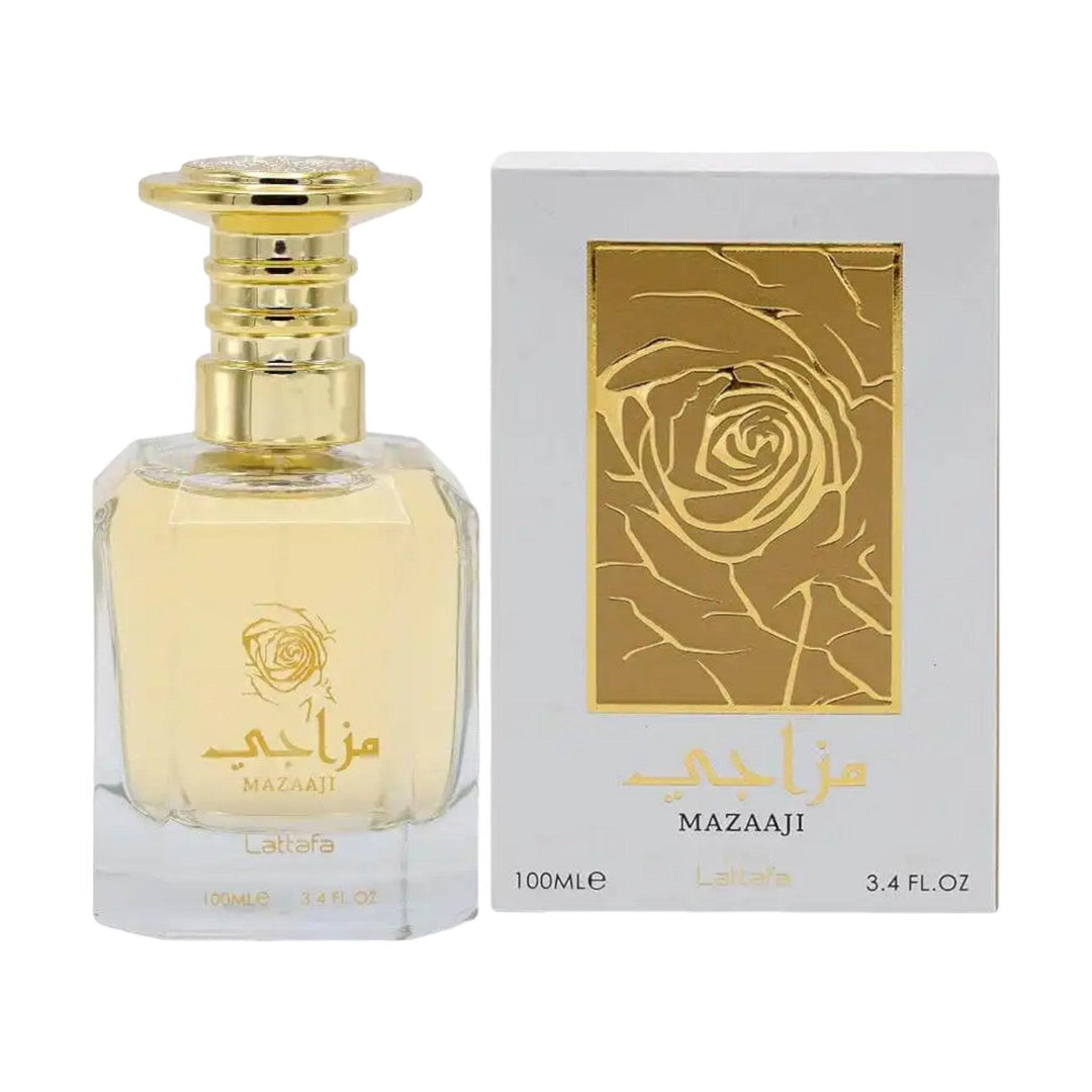 Elegant bottle of Mazaaji Perfume by Lattafa, capturing the essence of white floral elegance." "Mazaaji's fragrance notes visualized: Orange Blossoms and Jasmine at the top, Roses in the heart, grounded by White Musk.