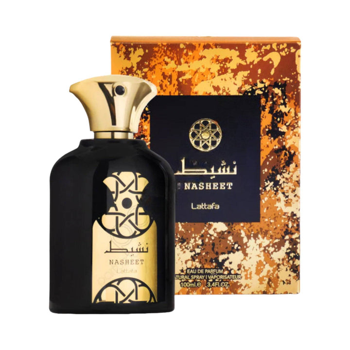 Lattafa Nasheet Eau De Parfum 100ml bottle, symbolizing unisex woody elegance.