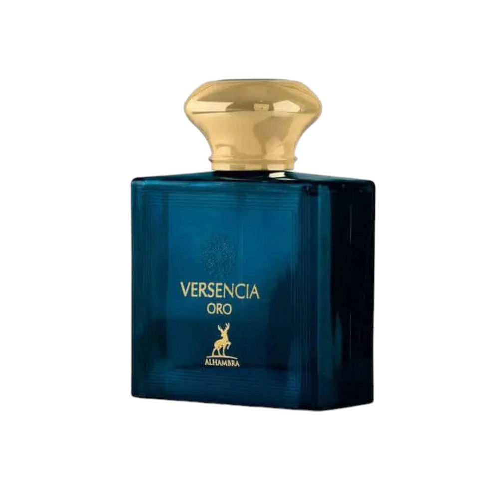 Close-up of the Versencia Oro perfume bottle, highlighting its elegant design and the essence of masculine charm it captures.