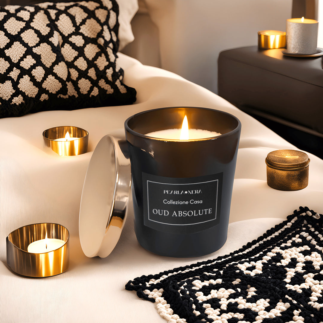 Oud Absolute Scented Soy Candle burning in a cosy room