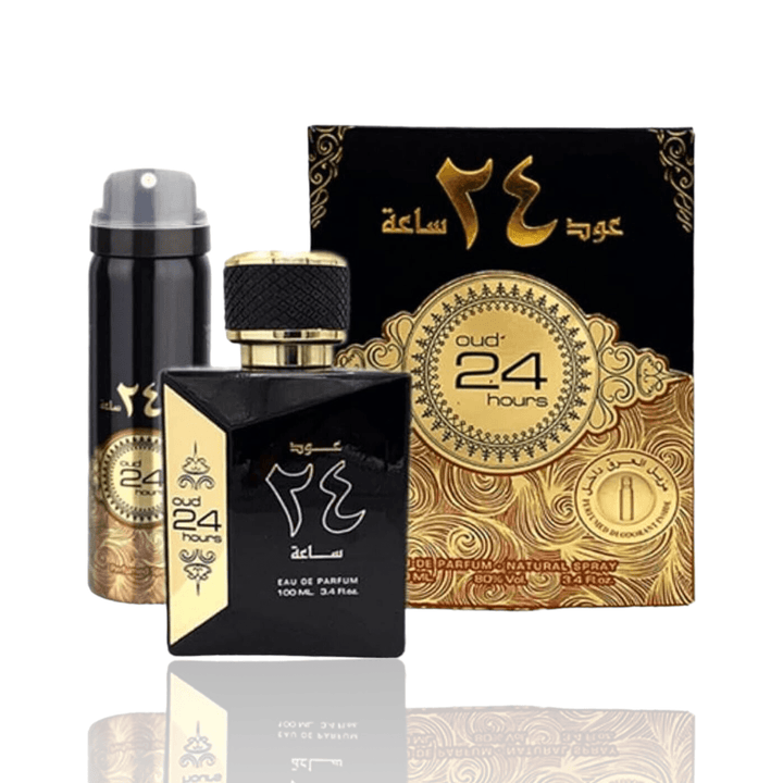 Elegant 100ml bottle of Oud 24 Hours Perfume by Ard Al Zaafaran, showcasing its rich amber fragrance.