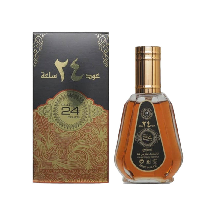 Elegant bottle of Ard Al Zaafaran Oud 24 Hours EDP, designed to showcase the rich, deep fragrance of oud, vanilla, and patchouli.