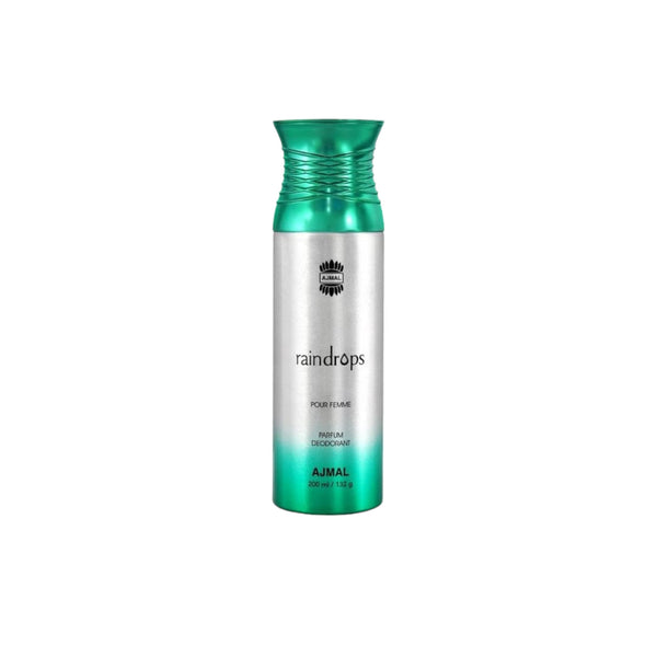 Stylish 200ml bottle of Ajmal Raindrops Deodorant, showcasing its modern and elegant design.