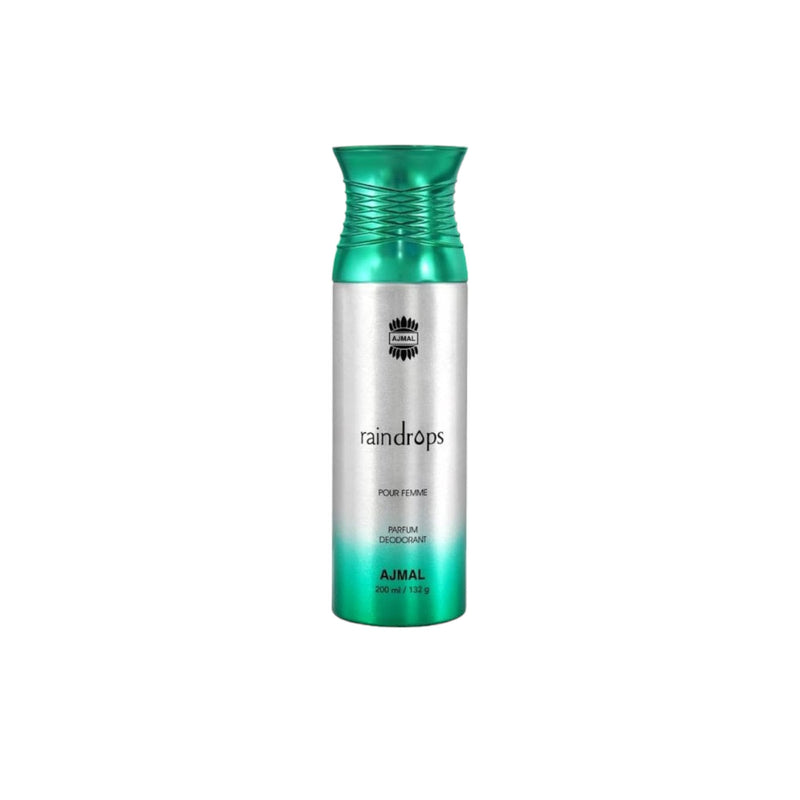 Stylish 200ml bottle of Ajmal Raindrops Deodorant, showcasing its modern and elegant design.