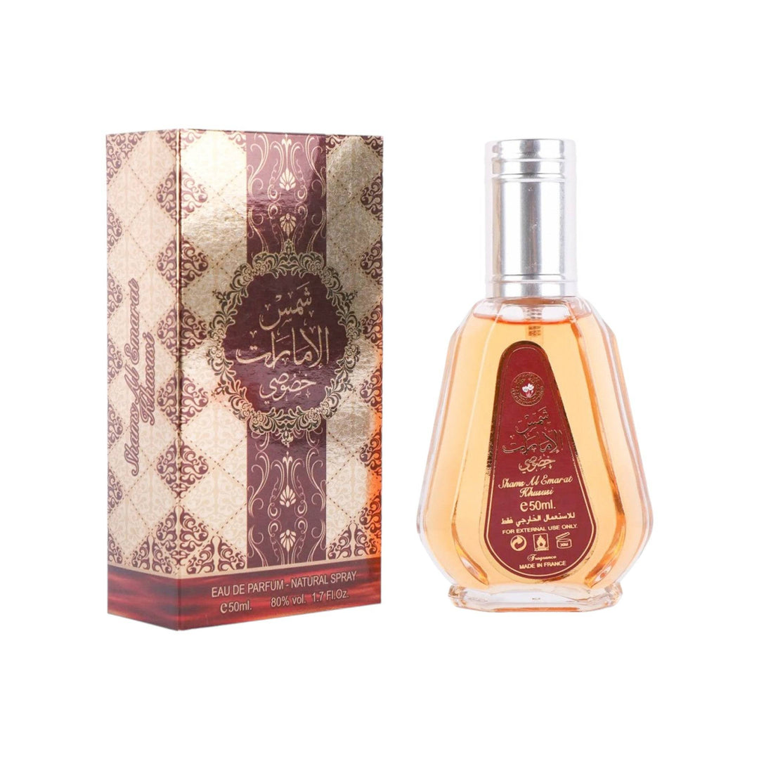 Shams Emarat Khususi 50ml Eau de Parfum by Ard al Zaafaran, showcasing its luxurious bottle and highlighting its warm, vanilla and fruity notes.