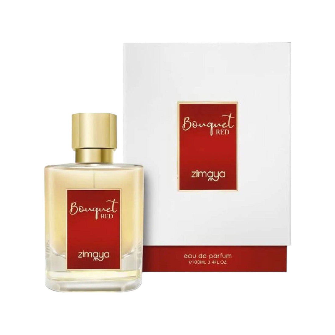 Sophisticated 100ml bottle of Zimaya Bouquet Red Eau De Parfum, showcasing its elegant design and rich color scheme.
